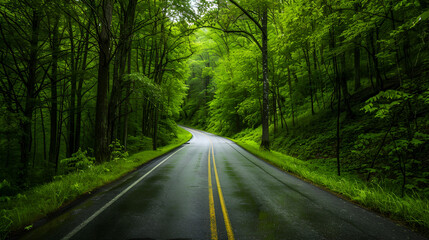 camino carretera en el bosque con pinos rodeando el camino arboles verdes y grandes frondosos en la autopista hermoso paisaje de carretera