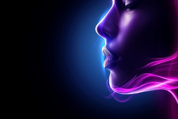 Side profile of a woman's face with pink neon light effects, against a dark background