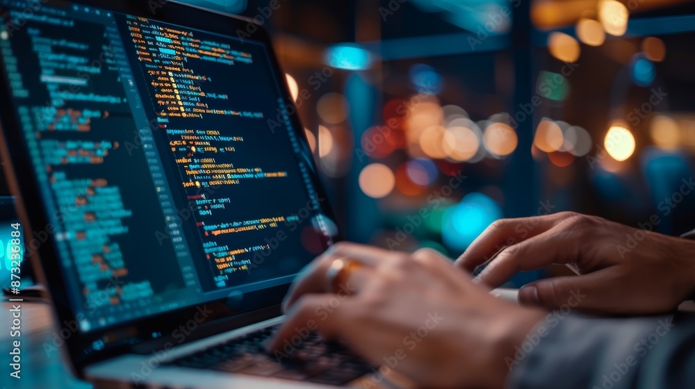 Aufkleber E-commerce app development with AI and big data, developer typing on laptop