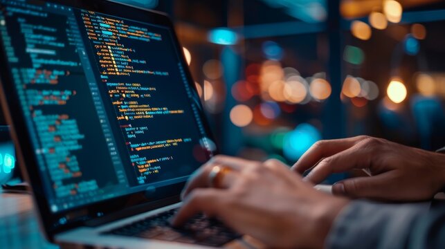 E-commerce app development with AI and big data, developer typing on laptop
