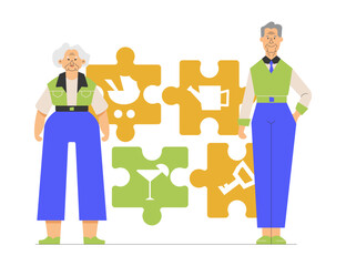 An elderly couple standing next to puzzle pieces representing hobbies and activities. The man is on the right, and the woman is on the left, both smiling and dressed in colorful clothes.
