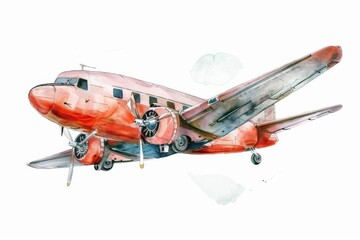 A watercolor illustration of a red propeller plane flying through the clouds. Children's Book Illustration