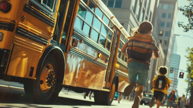 Small children and students ran to the school building for class lessons from the school bus. Welcome back to school. The new academic semester begins - Powered by Adobe