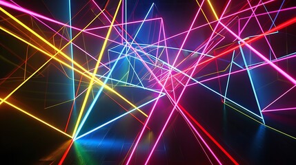 Glowing neon lines intersecting in a mesmerizing display of geometric precision, against a background of deep, inky blackness.