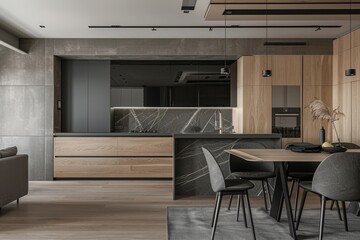 Interior of stylish kitchen with gray and wooden walls, wooden floor, black cupboards and bar with stools.