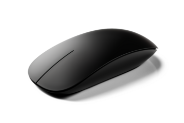 A sleek black wireless computer mouse with a minimalist design isolated, perfect for modern workspaces.