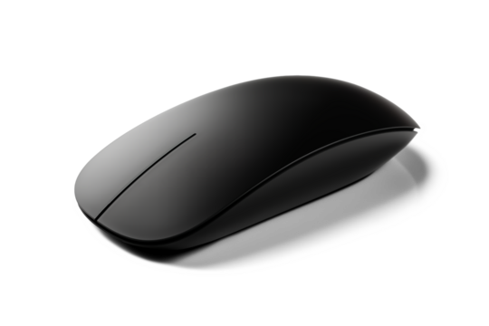 A sleek black wireless computer mouse with a minimalist design isolated, perfect for modern workspaces.