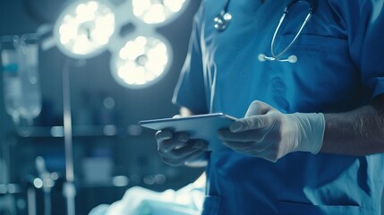 Healthcare professional in blue scrubs using a tablet in a brightly lit operating room, focused on medical tasks and technology.