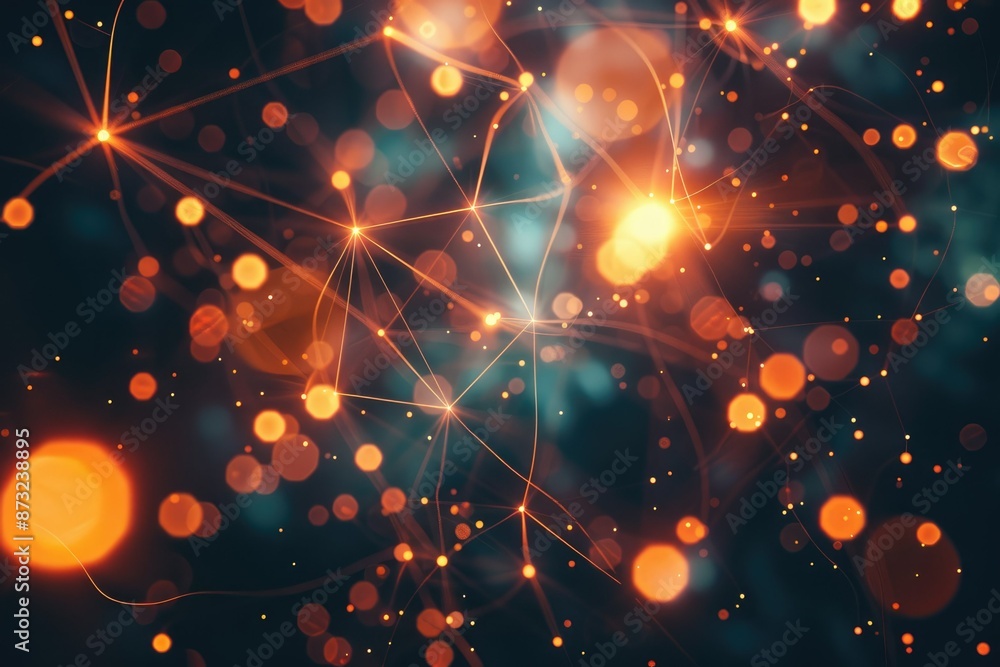 Poster a depiction of neural networks with luminous nodes and connections, set against an abstract backgrou