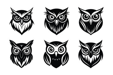 Versatile owl head silhouettes for logos, tattoos, wildlife art, and nature-themed designs. Perfect for branding, packaging, and educational materials. High-quality scalable vectors.