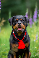 Beautiful purebred rottweiler in Red string (Kabbalah) posing outdoor with Bluebell (Campanula latifolia), blurred and calm green background, summer colors. 