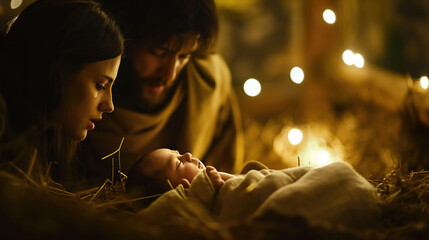 Birth of Jesus in the Manger: baby Jesus in a manger, surrounded by Mary and Joseph, with a warm and serene background. Nativity scene, divine birth, spiritual celebration, biblical artwork, inspirati