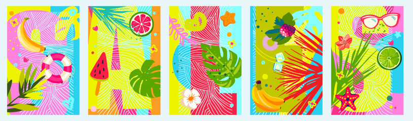 Summer vibe - a set of editable posters on the theme of summer holidays, discounts, sales, festivals. Bright cartoon illustrations with a textured background and the letters 