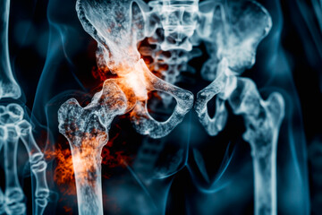 Fototapeta premium Painful hip joint, Arthritis at hip joint. Film x-ray.