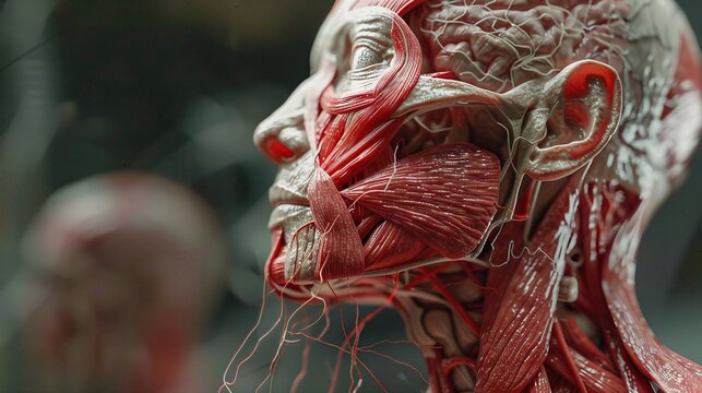 Detailed anatomical diagram of the human head muscles and nerves, showcasing the complexity of human anatomy, perfect for medical education.
