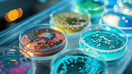 Colorful petri dishes with bacterial cultures under laboratory light.