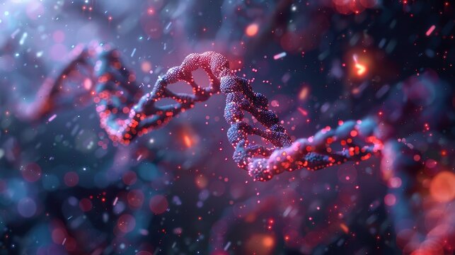 3D DNA symbiosis of 2 molecules, full color coded, dark background, C4D render, illustration background