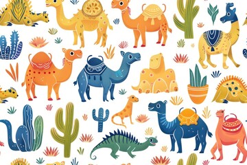 Naklejka premium Fun and colorful seamless pattern of desert animals like camels, lizards, and meerkats in a cartoon style. The 2D illustration is ideal for use in children's books, desert-themed decor, and playful