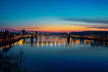 A serene cityscape at dusk, with city lights mirroring the starry sky and illuminated bridges reflecting off the calm river's surface. The atmosphere is peaceful and enchanting.