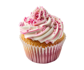 Colorful cupcake with pink and white frosting, isolated on white.