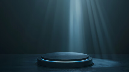 Round podium pedestal in the room with blue light beams