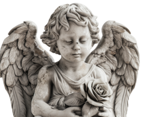 Cherub angel holding a rose, isolated on white.