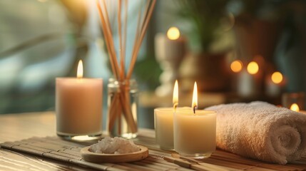 Candles burning and an aromatic reed freshener on a table in a spa salon, with space for text.