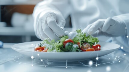 High-tech kitchen where a culinary scientist analyzes the nutritional content of a meal using advanced technology and data visualization