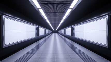 High-tech subway at night, interactive virtual billboards, dramatic shadows, science fiction vibe, sleek design