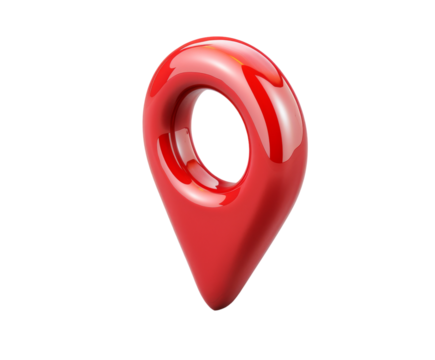 image of a red map pin icon, shiny and reflective, with a subtle map texture on the surface.