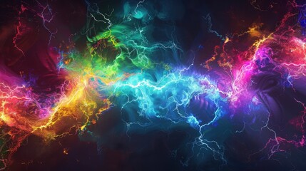 Abstract art of rainbow-colored lightning bolts on a dark background, symbolizing power, speed, and technological energy.