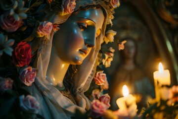 A close-up of a beautifully decorated statue of the Virgin Mary, adorned with flowers and candles. 