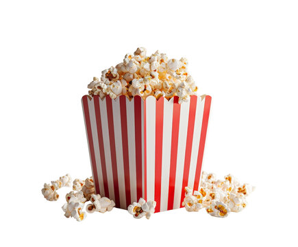 Red and white striped popcorn box with popcorn spilling out, isolated on white.