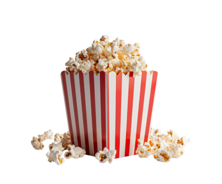 Red and white striped popcorn box with popcorn spilling out, isolated on white.