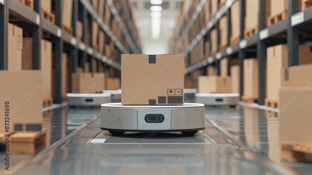 Poster inside a modern warehouse, automated robots sorting and moving boxes, showcasing advanced logistics 