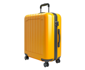 Yellow suitcase with wheels and handle, isolated on white.