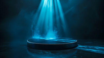 Round podium pedestal in the room with blue light beams