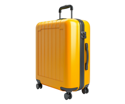 Yellow suitcase with wheels and handle, isolated on white.