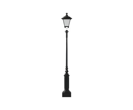 Black street lamp post on white background..