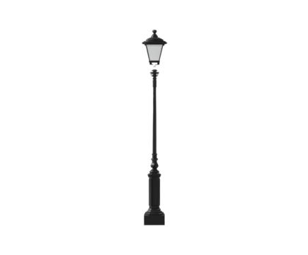 Black street lamp post on white background..