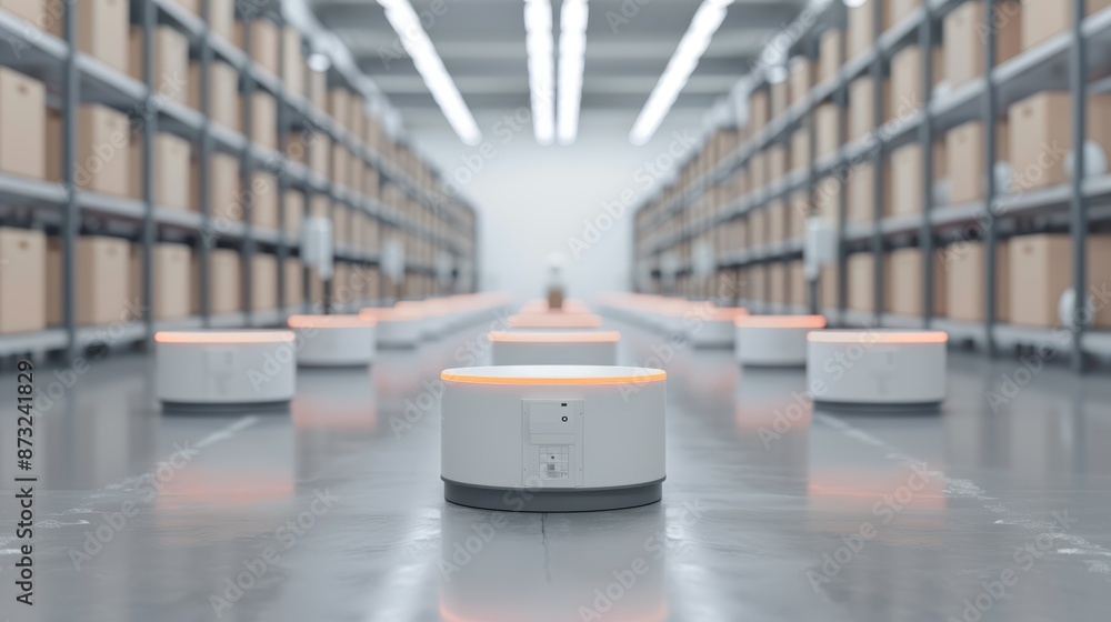 Poster inside a modern warehouse, automated robots sorting and moving boxes, showcasing advanced logistics 