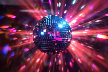 Obraz premium dazzling disco ball suspended in dark space reflecting kaleidoscopic light patterns swirling beams of color create mesmerizing dance floor atmosphere aigenerated party ambiance