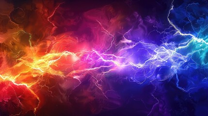Obraz premium Abstract background featuring vibrant rainbow-colored lightning strikes, evoking energy and dynamic motion in a futuristic style