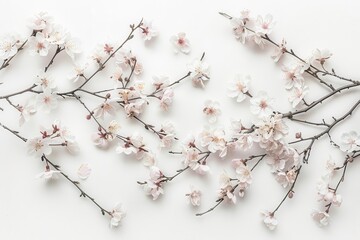 delicate cherry blossom branches with soft pink petals floating against a pure white background ethereal and minimalist composition with a focus on the flowers intricate details