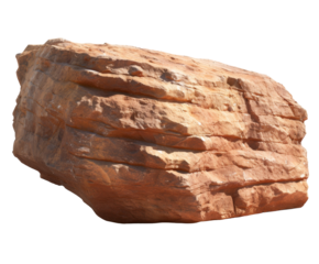 Large rock formation in desert landscape on white background..