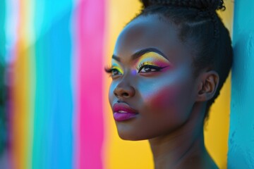 Obraz premium Woman with Colorful Makeup Against Rainbow Background 
