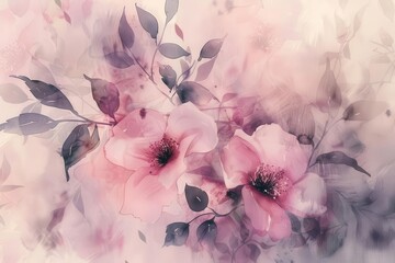 delicate pink watercolor florals loose brushstrokes ethereal petals and leaves soft gradient washes botanical illustration style