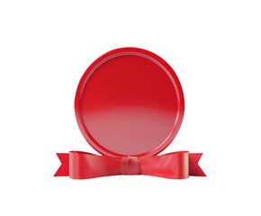 Red award medal with ribbon on white background..