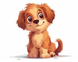 Adorable cartoon puppy with big eyes and brown fur sitting and looking cheerful on a white background