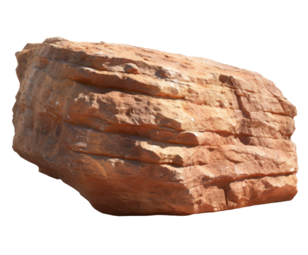 Large rock formation in desert landscape on white background..